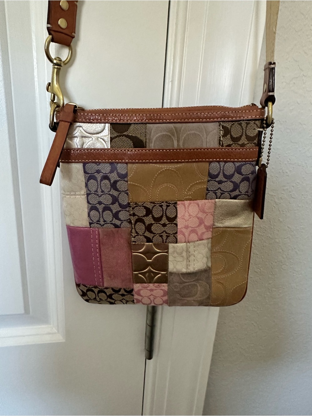 Coach Patchwork Leather and Signature Canvas Crossbody in Pink Tan Multi